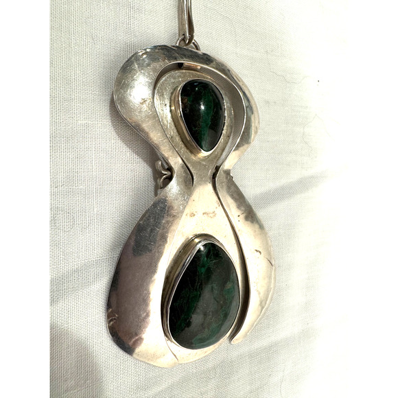 Modernist Sterling Silver Pendant Large 4" Hinged Green Eilat? Cabochon 62 Gr - Picture 10 of 16